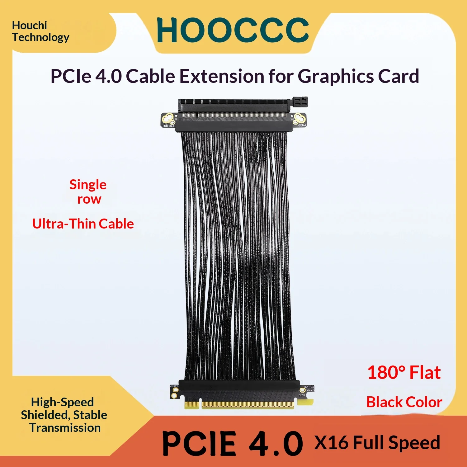 HOOCCC PCIe 4.0 X16 Single Scattered Cable Display Card Extension Cable 180 Degree Flat Black GEN4 32GT/s
