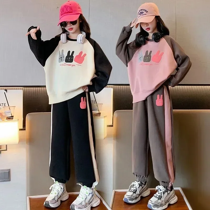 Girls Cotton Contrast Cartoon Alphabet Loose Sweatshirt+Sweatpant School Kids Tracksuit Child Jogger Outfit Workout Sets 5-16Yrs