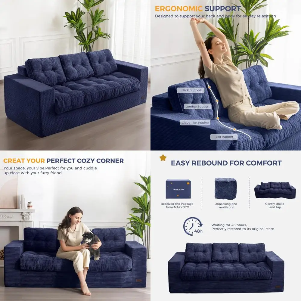 

3-Seater Living Room Couch, Tufted Cushion and Backrest, Upholstered Floor Sofa with Armrests