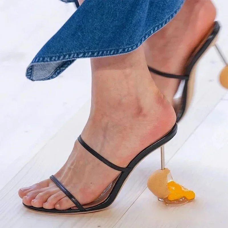 صنادل صيفية Strappy بكعب عالٍ مفتوح من الأمام وكعب غريب على شكل بيضة مصمم أحذية عصرية البغال شباشب مقاس كبير Schuhe Damen