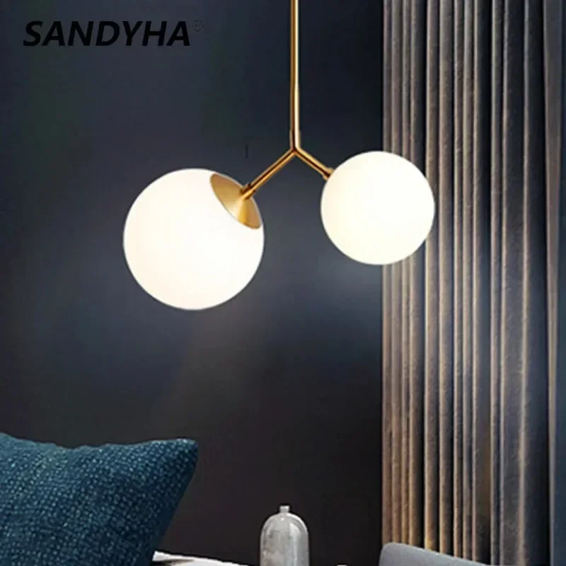 

Modern Simple 2 Glass Balls Chandelier LED Milk White Smoke Grey Pendant Light Bedroom Bedside Table Night Hanging Lamp