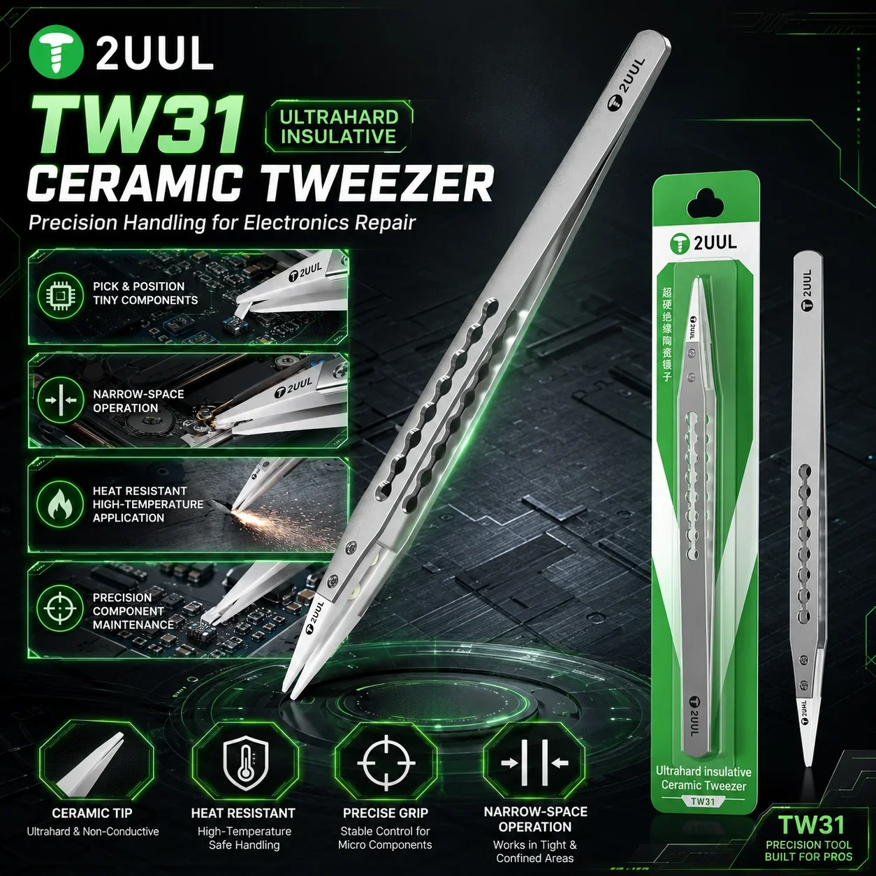 2UUL TW31 Ceramic Anti Static Tweezers Ultra Hard Insulated ESD Safe for Phone PCB CPU IC BGA Precision Repair Tool