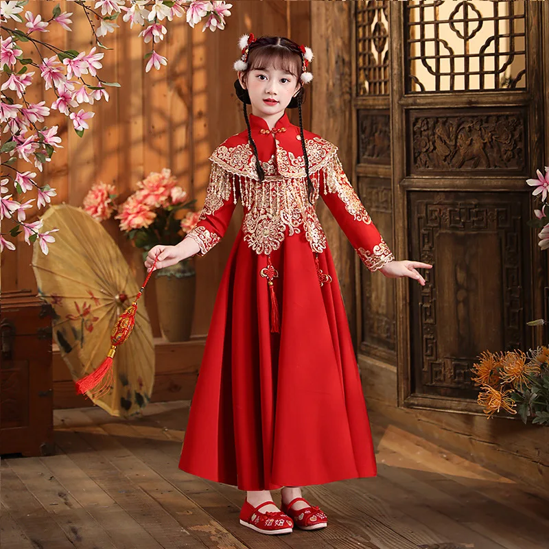 Ropa de Año Nuevo Chino rojo para niñas, Hanfu Vintage, nuevo vestido acolchado de invierno para bebés, traje Tang para niños, regalo de Navidad