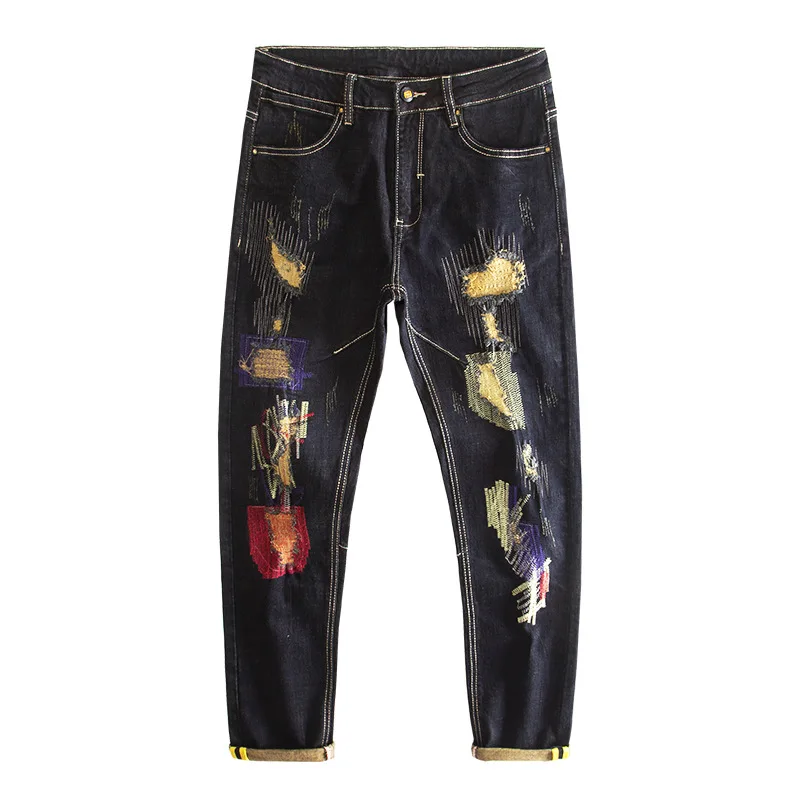 Ripped Patch Embroidered Floral Jeans Men Slim Fit Stretch Vintage High Street Retro Nostalgic Personality Trendy Long Pants