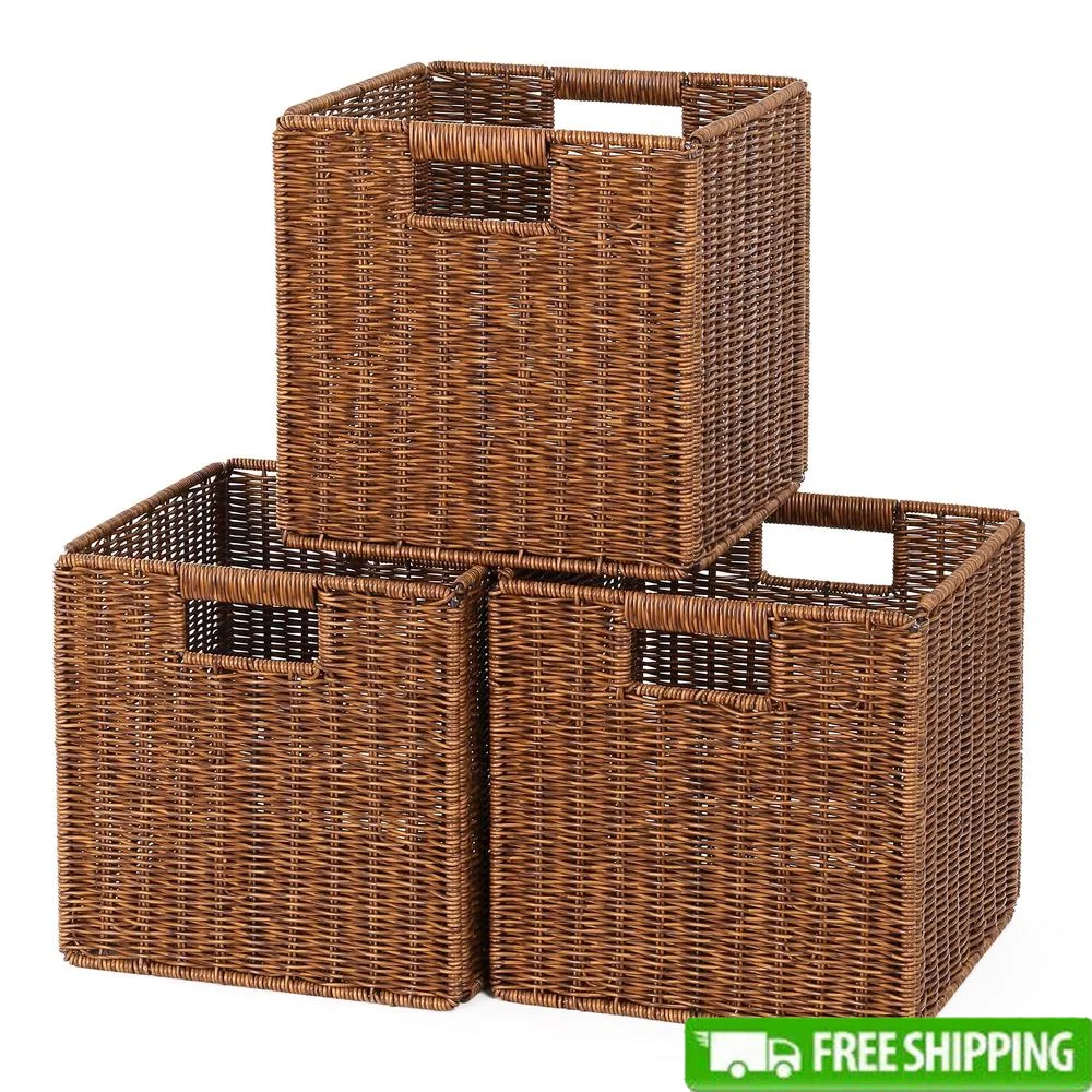 11x11x11in Foldable Cube Woven Storage Basket Set of 3 with Handles 28lbs Capacity Kallax Shelves Under Table Drawer Organizer