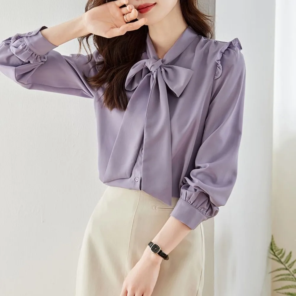 2024 nuova camicia in Chiffon con fiocco primaverile e autunnale da donna a maniche lunghe francese avanzato pendolare sciolto Top abbigliamento donna camicie