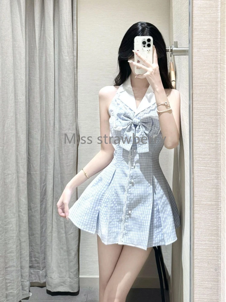 فرنسا أنيقة منقوشة فستان نحيل المرأة الصيف الحلو الخامس الرقبة أكمام الأزرق فساتين رقيقة تصميم موضة القوس كشكش ملابس جديدة