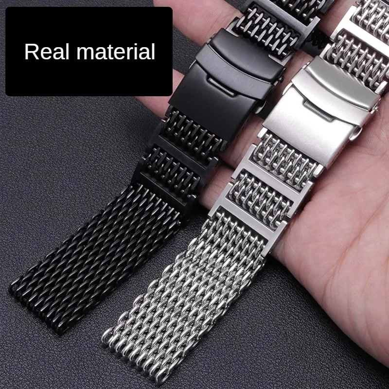 Universal Brands Flat Straight Mouth Solid Steel Watch Strap With 20/22/24mm Cool Shark Stainless Steel Mesh Chain