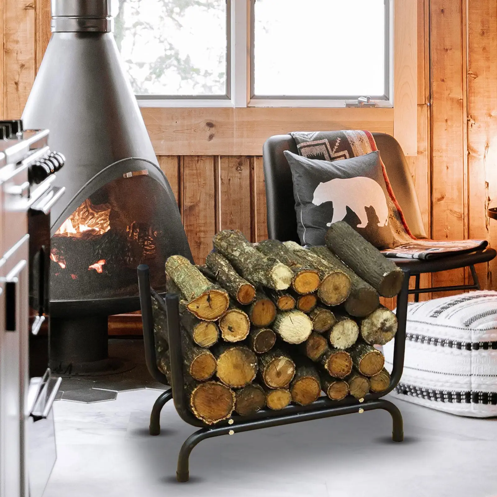 Gebogener Holzhalter für Kamin, Holzaufbewahrung für Kamin, Aufbewahrung, Unterstützung hohl