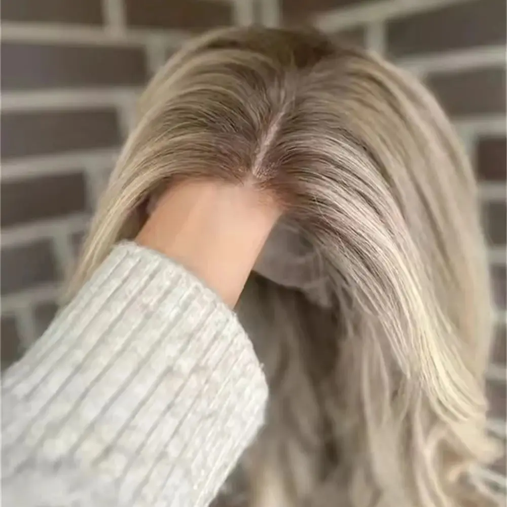 Balayage Biondo Cenere Parrucche Ondulate 13x4 Anteriore Del Merletto Parrucche Sintetiche In Evidenziare Parrucche Del Partito Radici Scure Parrucca Anteriore Del Merletto HD Del Merletto Per Le Donne