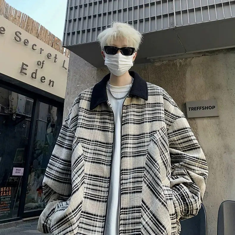 

Large Size Men's Casual Plaid Jaet Autumn Winter Loose Fit Collarl Top Outerwear Youth Trend Splice Color Iron Resistant