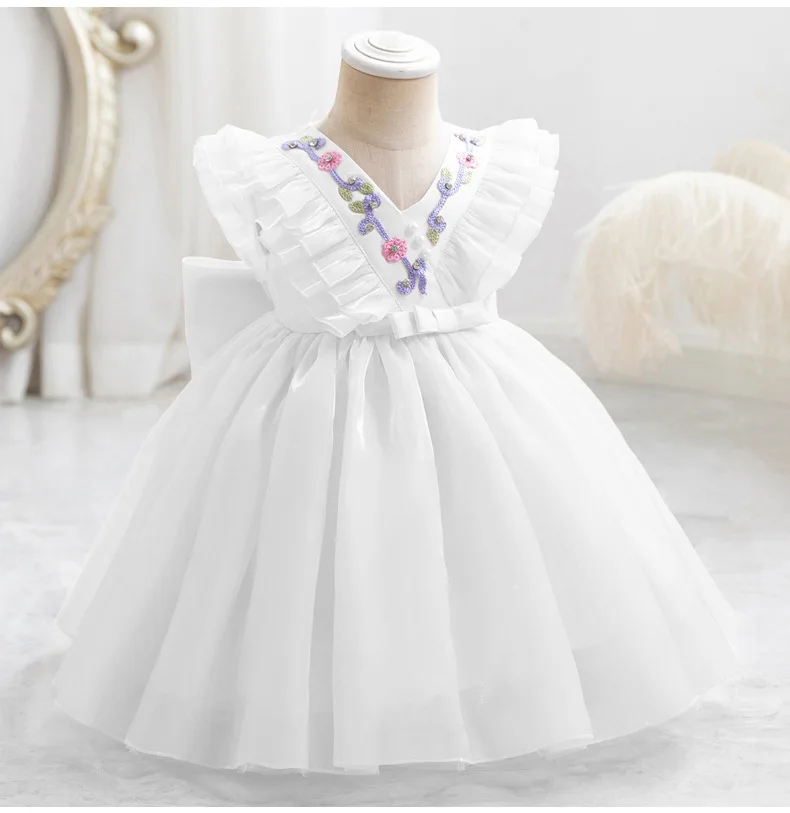 HETISO Kid Girl Dress Vintage Appliques Dresses for Elegant Party Girls Ruffle Sleeve Tulle Layered Birthday Ball Gown 9M 1 2 6Y