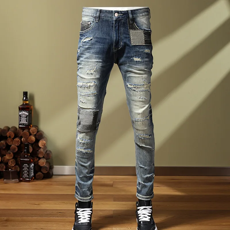 

Male Patchwork Ripped Hole Design Stretchy Jean Hip Hop Style Trousers For Men High Quality Pantalon Oversized Vaqueros Hombre