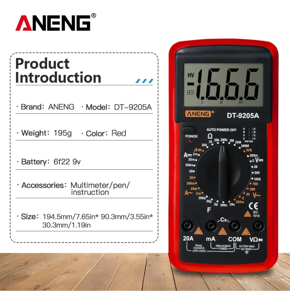 

ANENG DT9205A-1 Digital Multimeter Profesional True RMS AC/DC Voltage Transistor Tester Electric NCV Auto Range Multimetro Tools