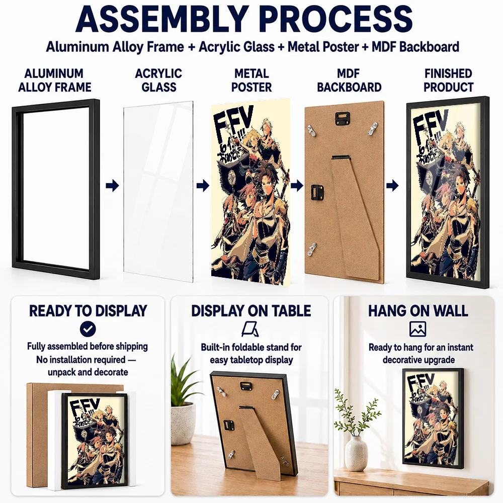 Final Fantasy V Group Framed Metal Print Customized Photo Enchanting Graphic Style Wall Art For Home Office Adventure Fan Gift