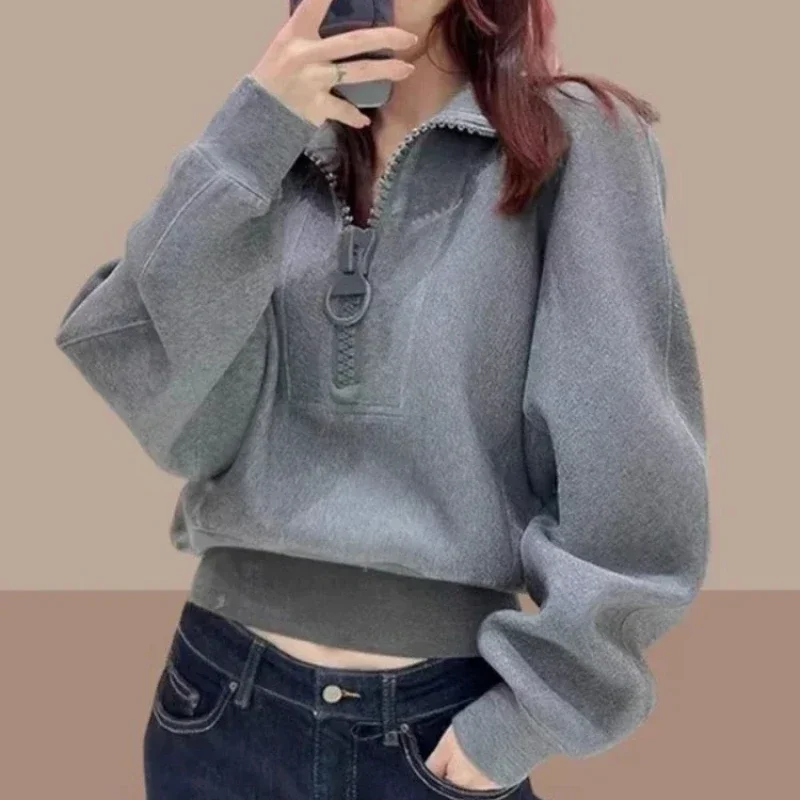 Women\'s Sweatshirts Grey Cropped Female Top Spring and Autumn Novelty Emo Youthful Clothes Y2k Style Korean Popular M Pullovers