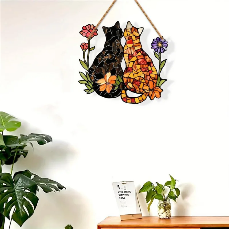 HHTL Garden Friendship Cat Acrylic Curtain Ornaments With Rope Pendant Colorful Sun Catcher
