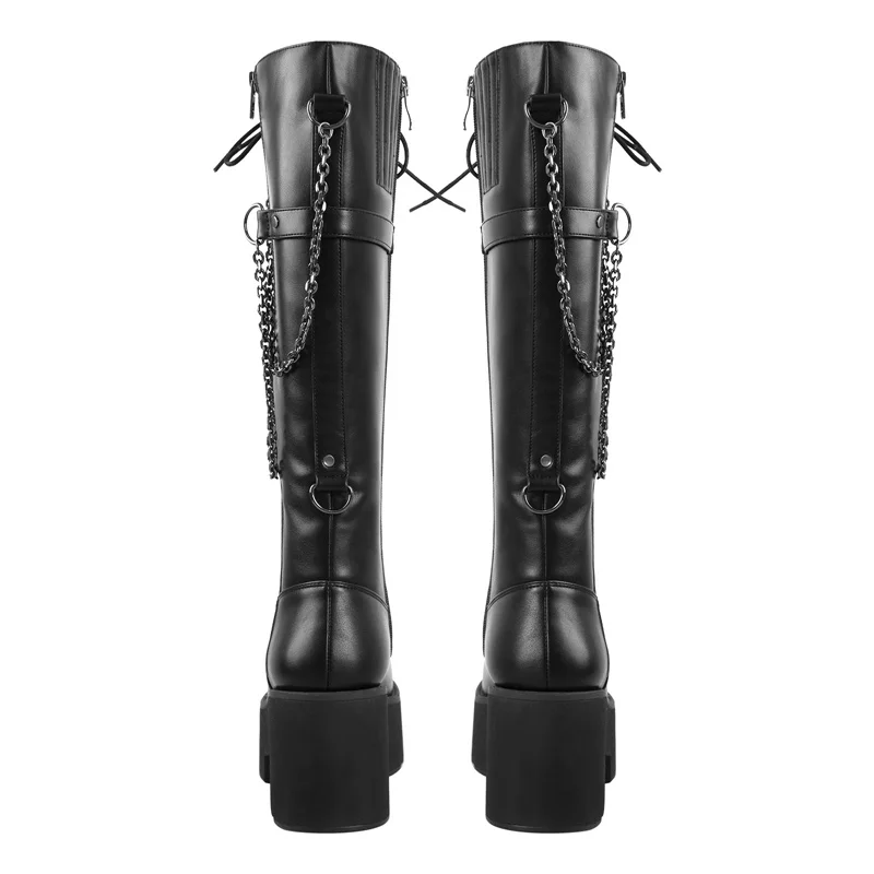 Onlymaker Platform Women Punk Booties Black PU Lace Up Mid Calf Chunky High Heels Side Zip Big Size Motorcycle Boots