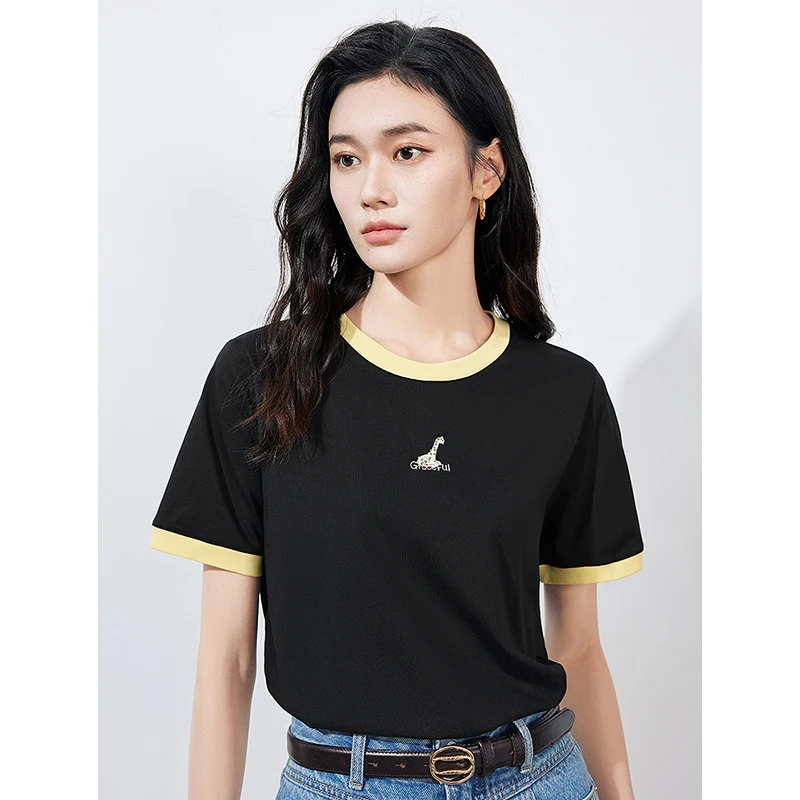 TOYOUTH Women T-shirt 2024 Summer New Sorona Contrasting Edge O Neck Short Sleeve Animal Embroidery Casual T-shirt 3 Colors