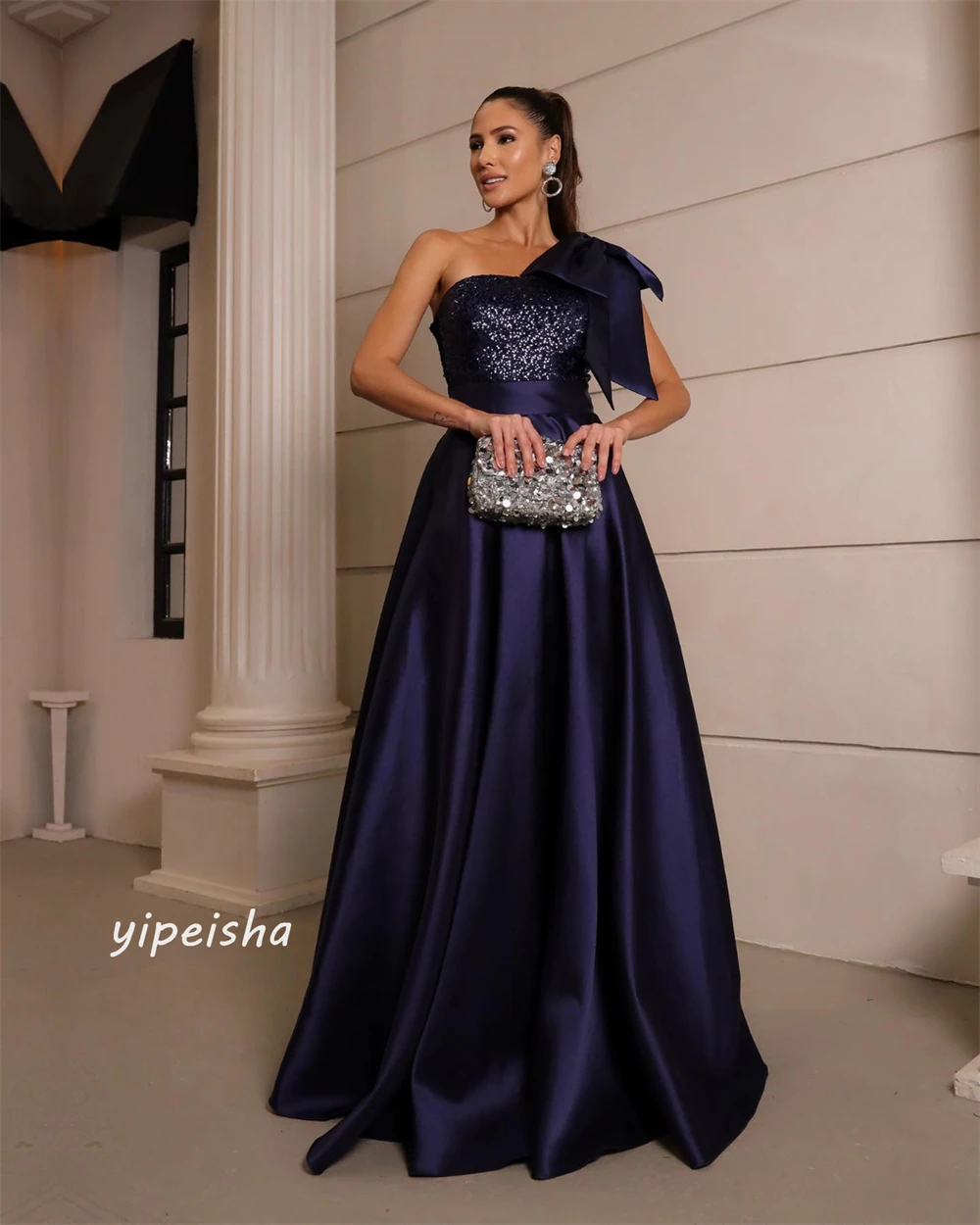 Customized Evening  Sexy Casual  Satin Draped Sequined Valentine's Day A-line One-shoulder Bespoke Occasion Gown Long Dresses