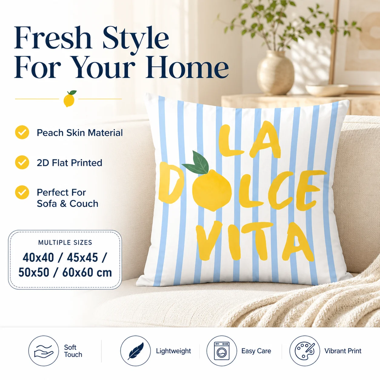 

Mediterranean Lemon 2D Flat Printed Pillowcase Peach Skin Stripe Cushion Cover for Summer Living Room Sofa Couch Home Decor
