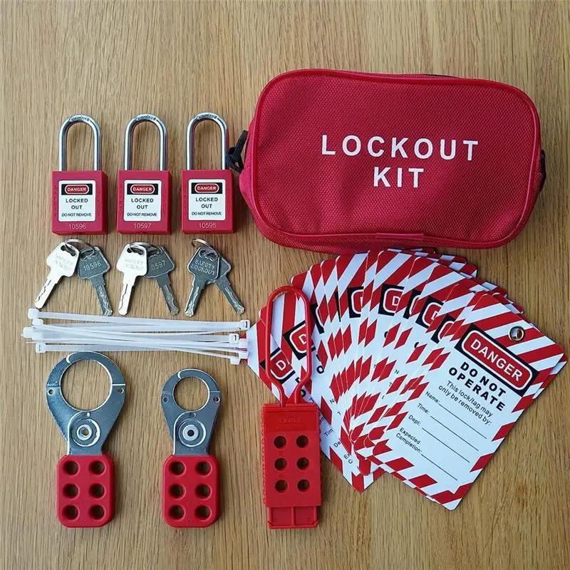 Lockout Tagout Set -Lockout Tagout Tag, Nylon Stropdas, Nylon Opbergtas, Roodveiligheidshangslot, Lockout Tagout Sloten (Rode Kit) -AEF7