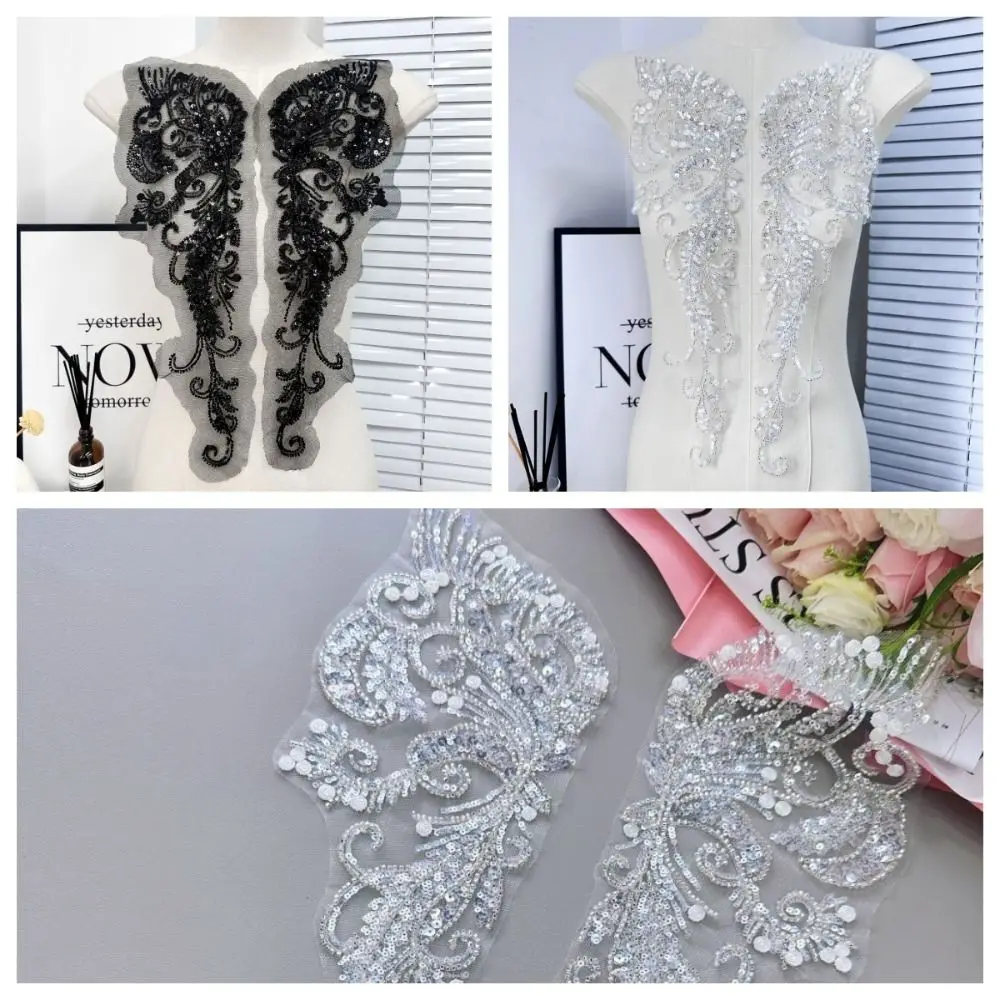 

1Pair Beaded Sequined Lace Embroidery Cloth Sticker Wedding Dress Clothing DIY Dress Accessories Sewing Applique Flower