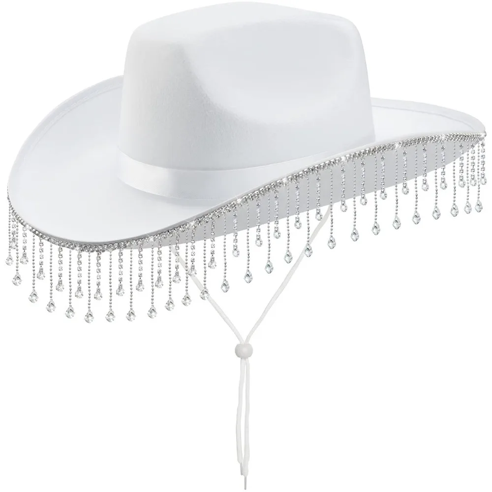 

Retro Shiny Western Cowboy Hat Wide Brim Ethnic Style Cowgirl Hat Cap Punk Rhinestone Tassels Jazz Hat Ladies