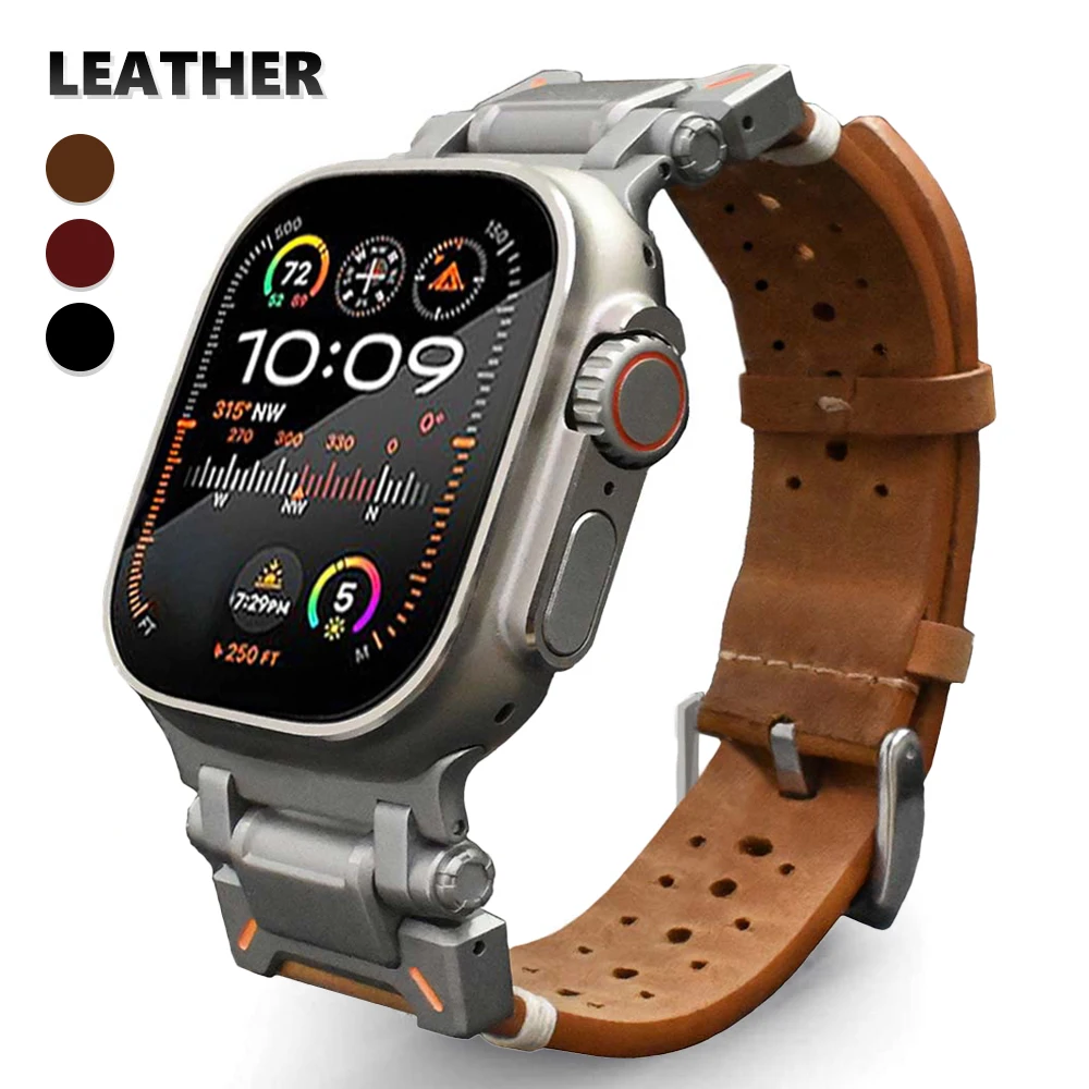 Titanium Color Band for Apple Watch Ultra 2 49mm Genuine Leather Strap for iWatch Series 9 8 7 se 4 5 6 45mm 42mm 44mm Bracelet