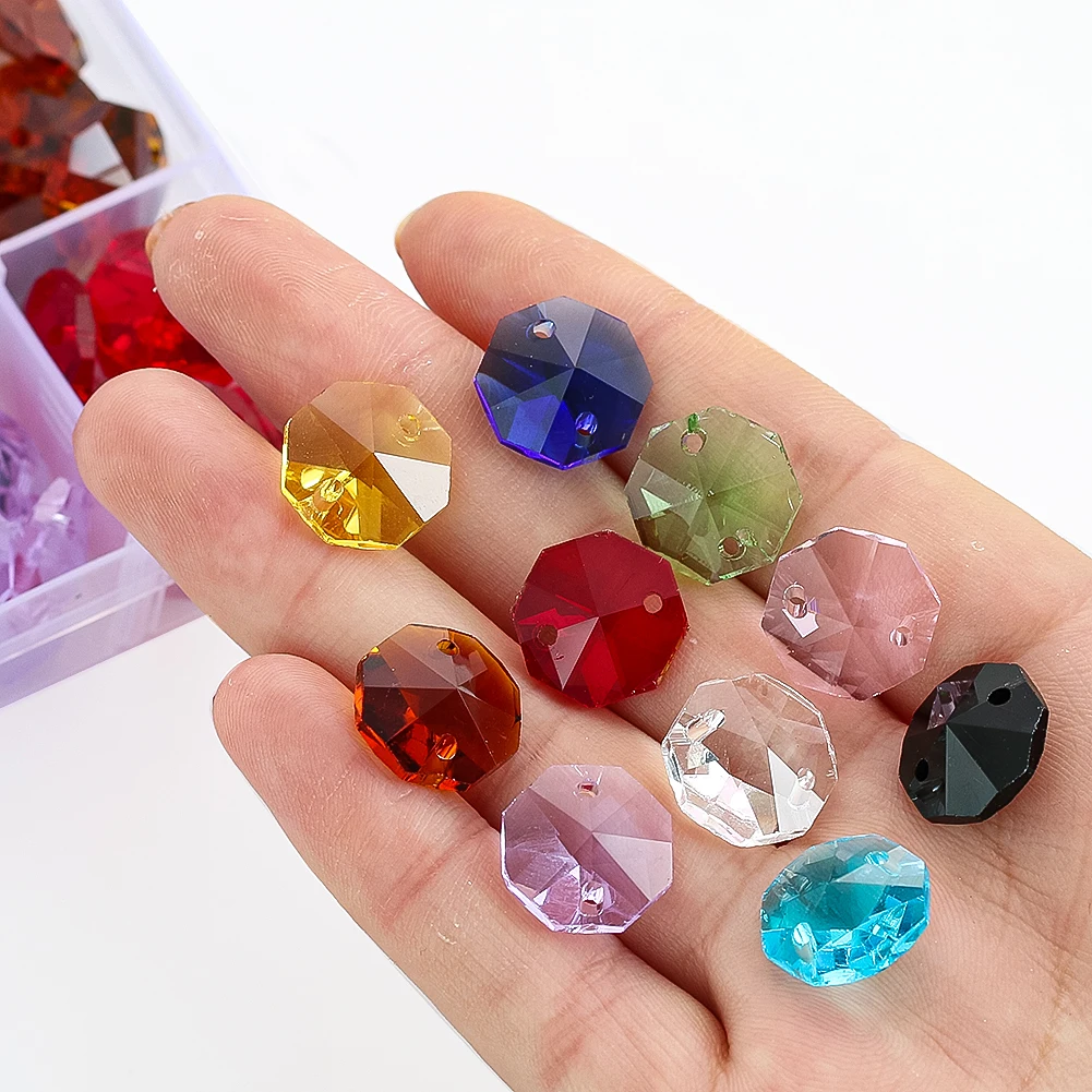 100pcs Glass Octagon Beads Colorful Crystal Chandelier Part Replacement Loose Bead Hanging Pendant DIY Suncatcher Strand Jewelry