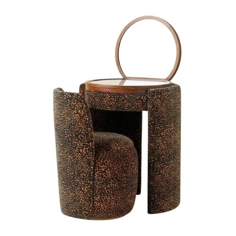 

Leopard print round upholstered vanity with mirror and stool set bathroom luxury modern vanity solid wood