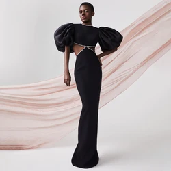 Black Evening Dress Backless Half Puff Sleeves Column Sexy Evening Party Gowns for Women Bow Crystal Sheath O Neck Prom Dresses