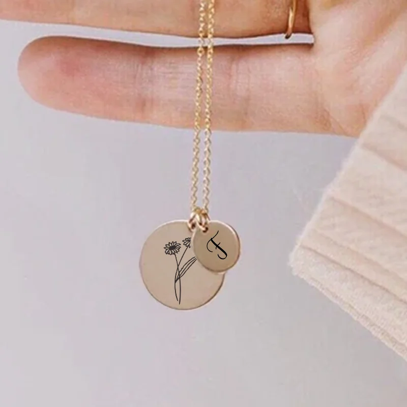 

Custom Stainless Steel round Pendant Necklace Engraved with Birthday Flowers And Letters Fashionable Jewelry for Girls