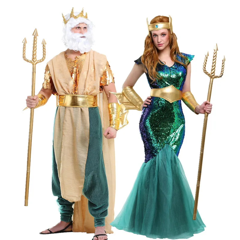 2025 Nieuwe Collectie Halloween Mannen Poseidon Triton Koning Zeegod Cosplay Outfits Vrouwen Diepzee Zeemeermin Zee Sirene Kostuum