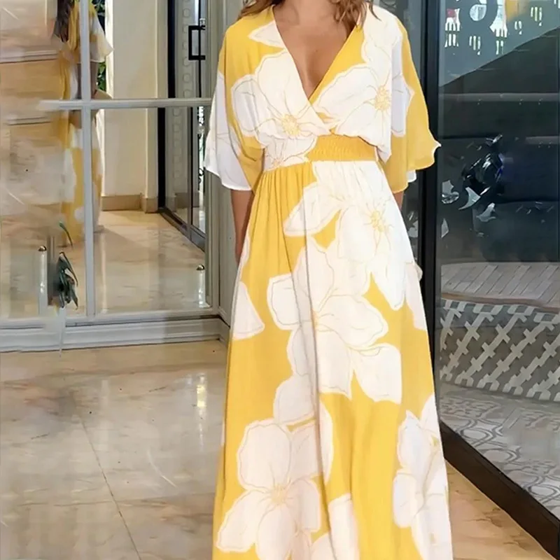 

Elegant Casual Summer Women's Dress Women's V-neck Printed Loose Long Backless Printed Beach Dress