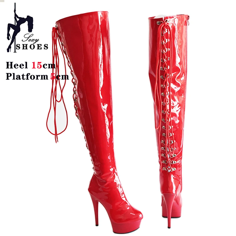 Over-the-Knee Boots 15cm Nightclub Steel Pipe Dance Shoes Hate Sky High Sexy Rivet Tie Platform Model Stage Shoes botas mujer