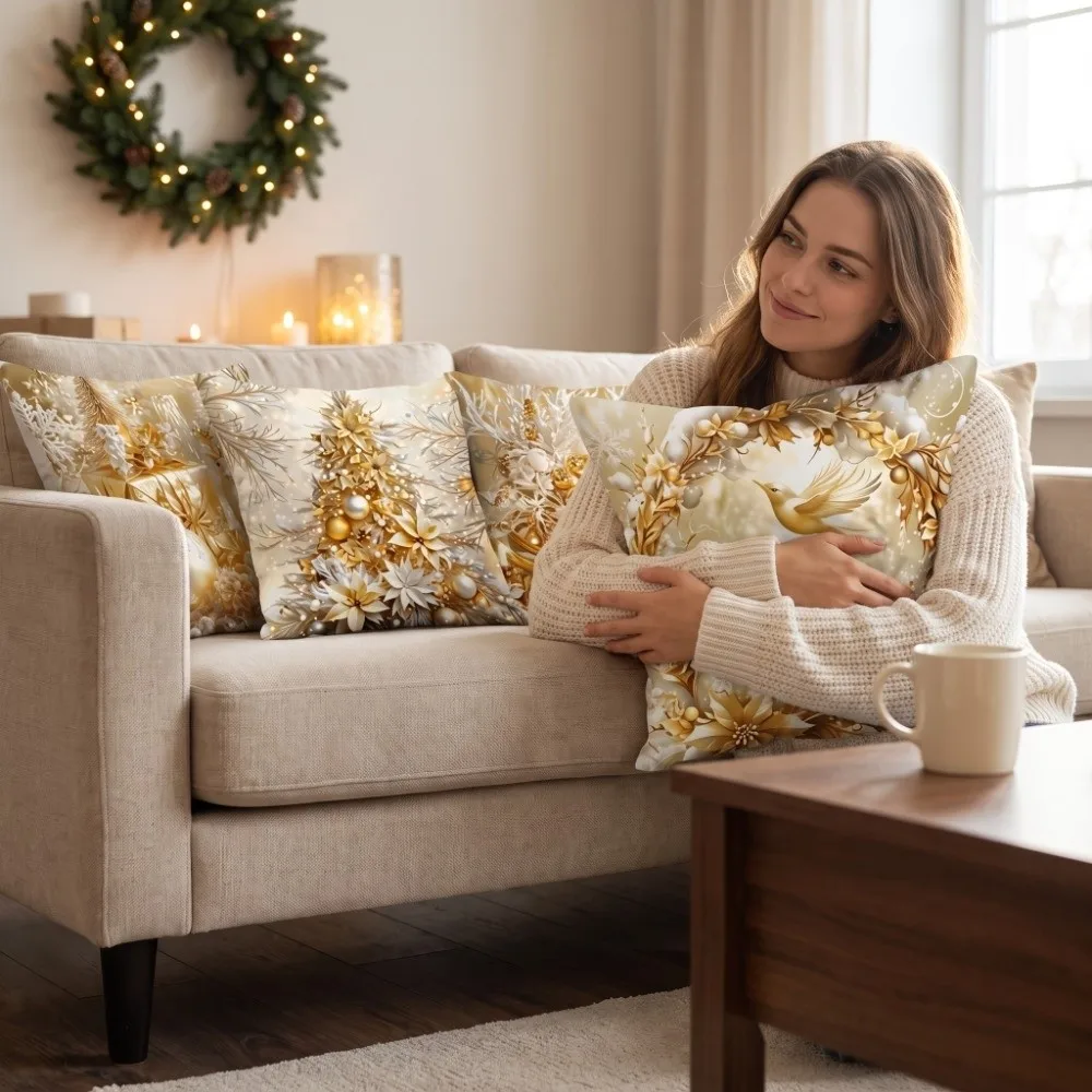 Xmas Soft Christmas Pillow Covers Tree And Flower 2D Printed Throw Cushion Case Reindeer Wreath Elk Deer Pillow Cover Sofa
