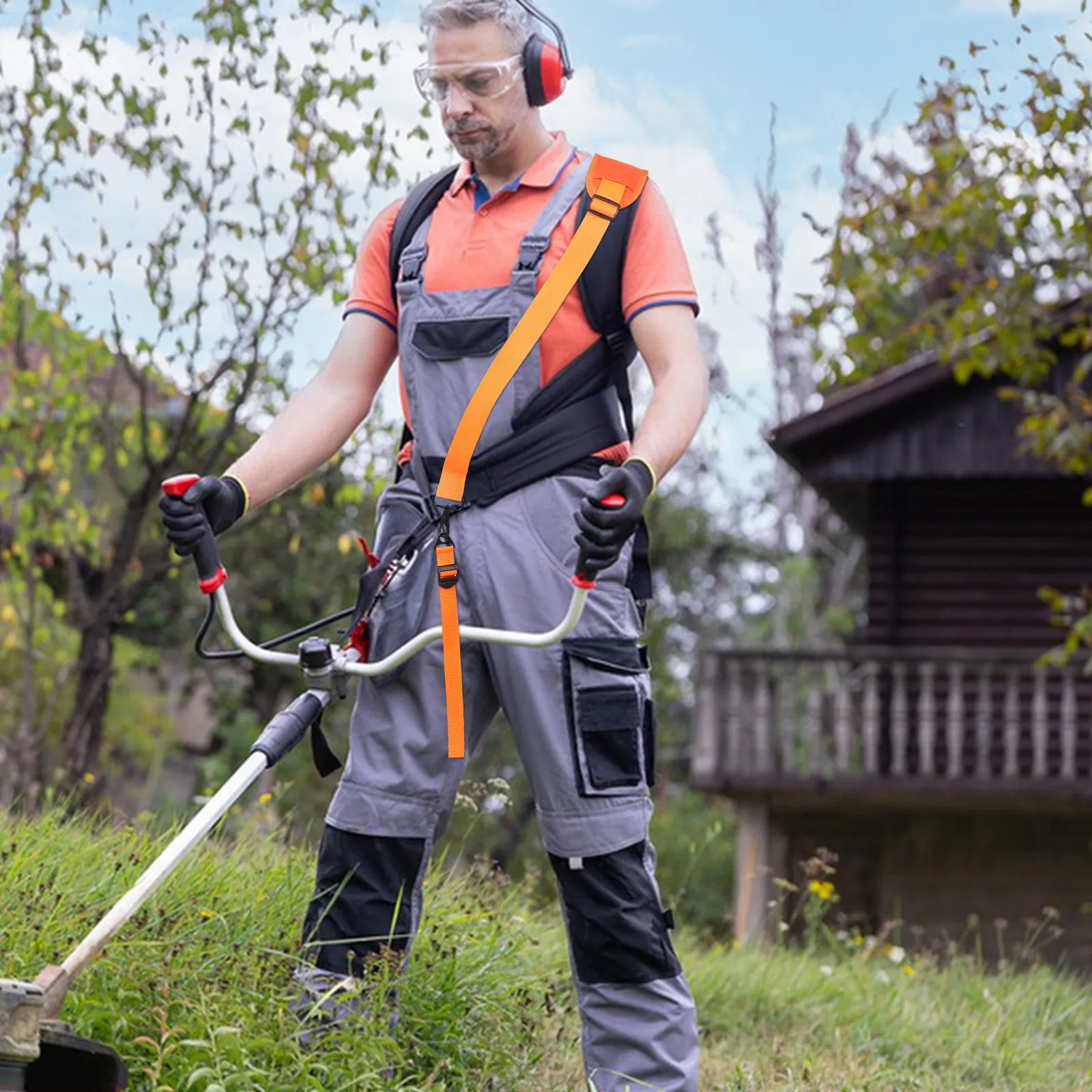 Adjustable Lawn Mower Shoulder Strap Reinforced Orange Padded Harness Universal Grass Trimmer Carrying Belt Strimmer Harness