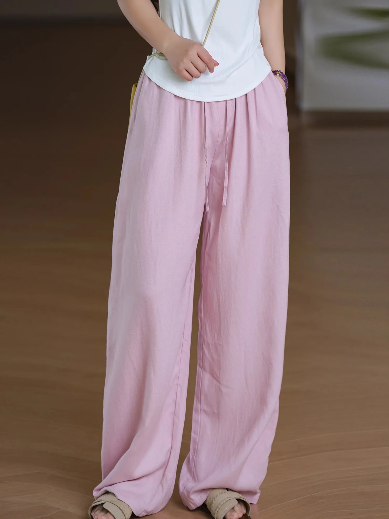 

Textured Wide Leg Pants Cotton Linen Comfortable Breathable Elastic Waist Sa Loose Wide Leg Pants Women Commute Sle Korea...