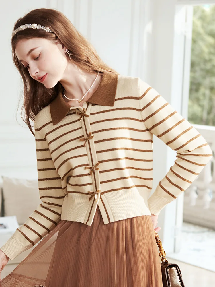 I BELIEVE YOU Women Sweater Autumn 2023 Apricot Striped French Slouchy Bow New Polo Collar Slim Knitted Sweet Tops 2234125238