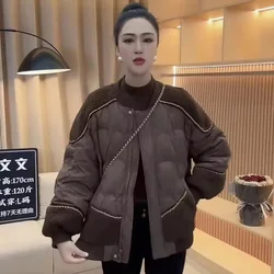 2025 New Autumn/Winter Color Blocked Thick Warm Cotton Jacket Women With Lamb Fleece Splicing Loose Fashion Cotton Coat Top