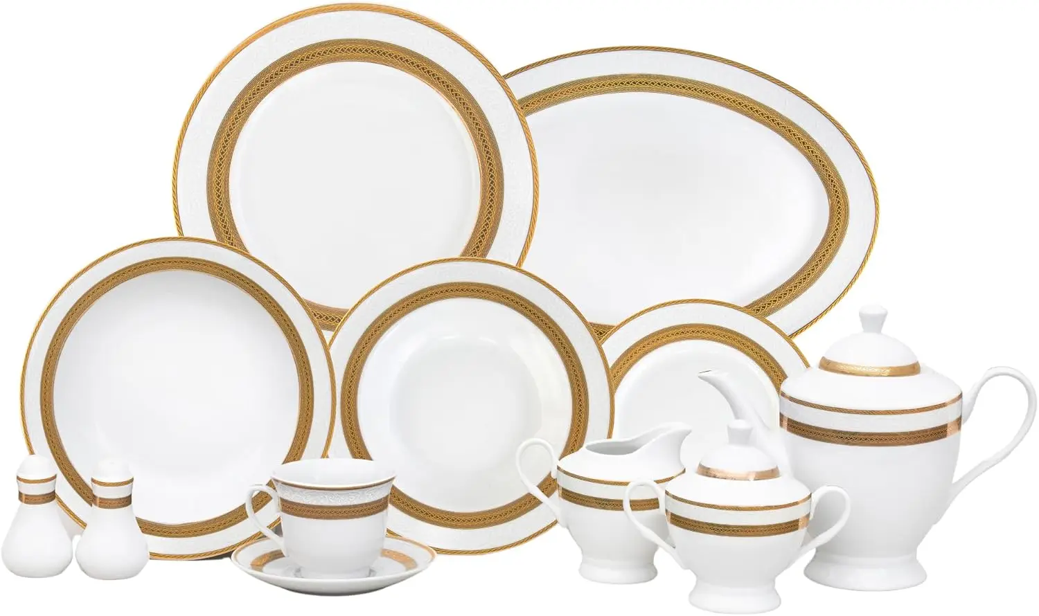 

Porcelain Dinnerware Set for 8 - Gorgeous 49 Piece Dish Set - White and Gold Rope Design Porcelain Service for 8 - Chip Resistan