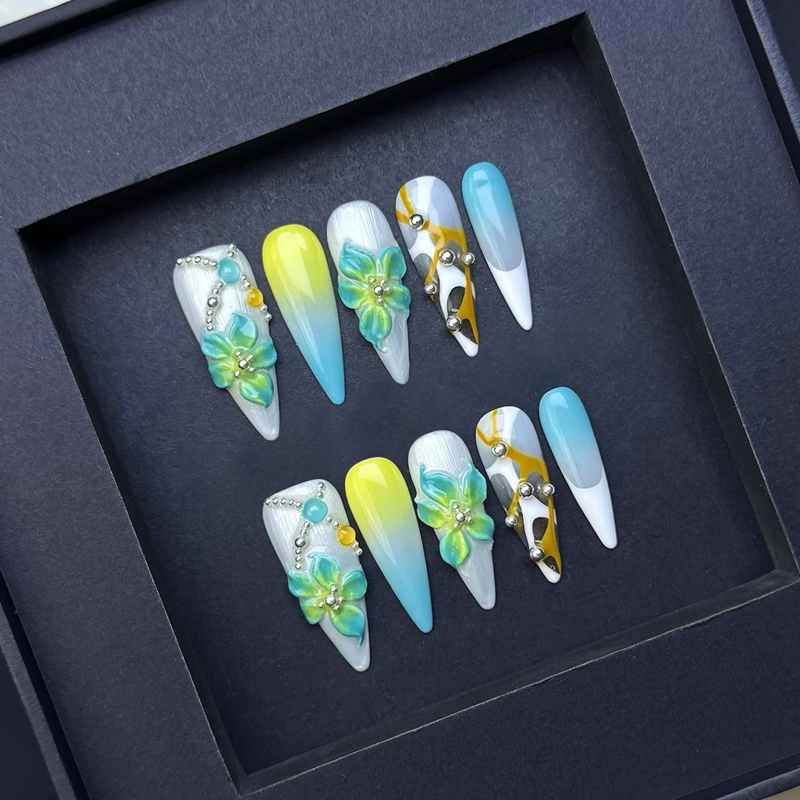 10Pcs French Almond Press On Nails 3D Floral Resin Fake Nails Glossy Reusable False Nails For Party Dating Shopping DIY