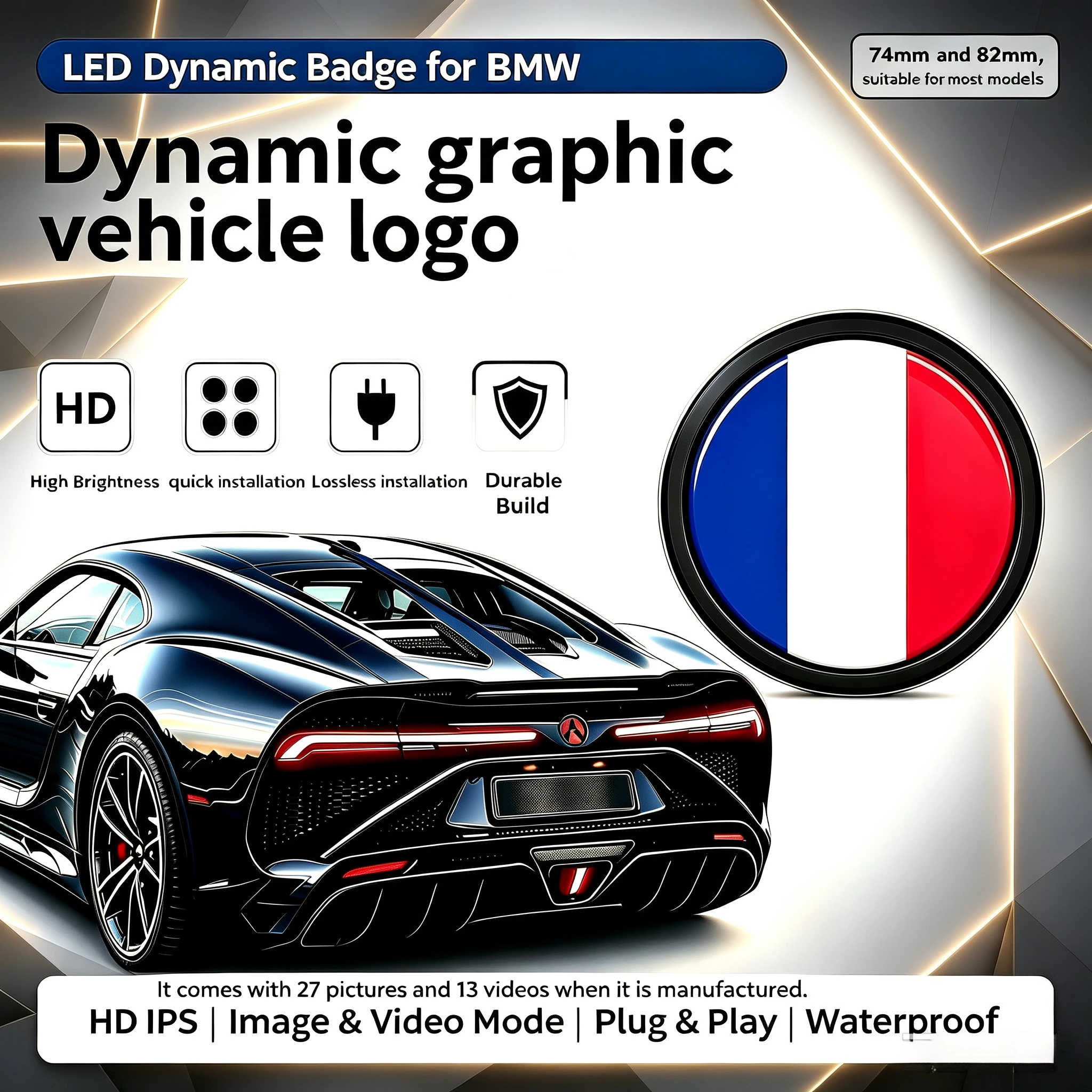 82mm Front & Rear LED Dynamic Car Emblem for BMW X3M X4M X5M X6M M Power SUV 6 7 Series 1500 Nit IPS AR Anti‑Fingerprint Coating