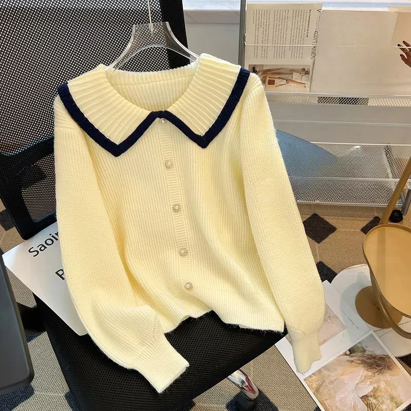 Peter Pan Collar Lantern Long Sleeve Autumn Winter Screw Thread Women\'s Solid Color Cardigan Sweater Knitted Coats Casual Tops