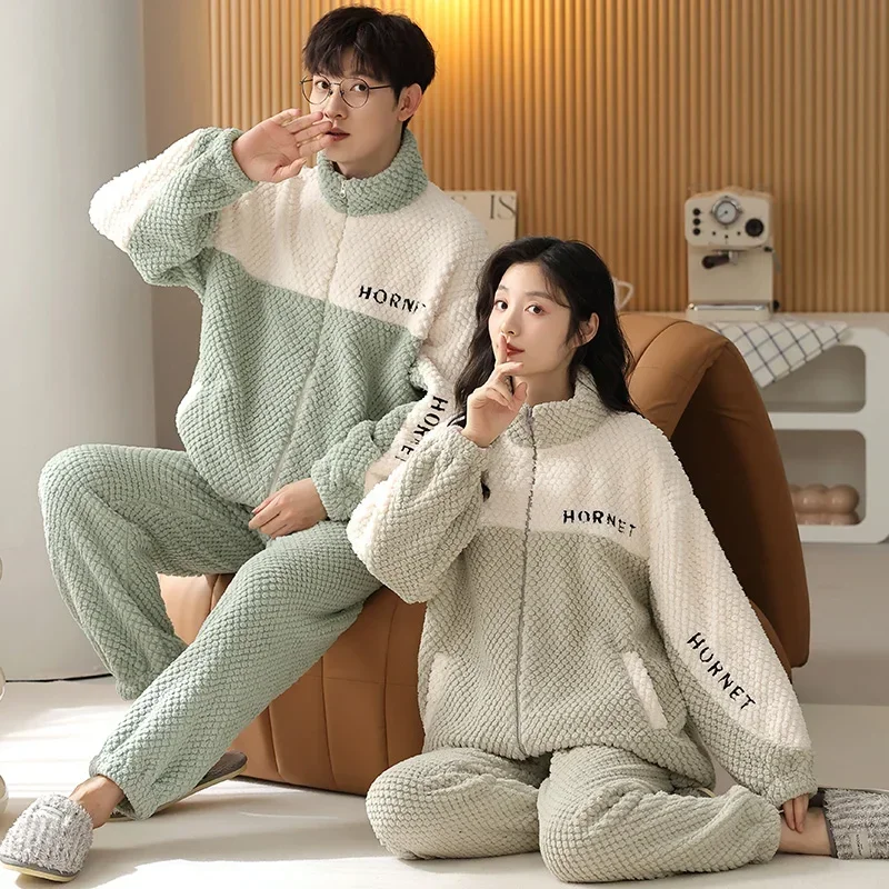 Coral Fleece Pajamas Couple Autumn and Winter Student Women's Thickened Warm Men's Flannel Loose Zipper Homewear Set pyjamas