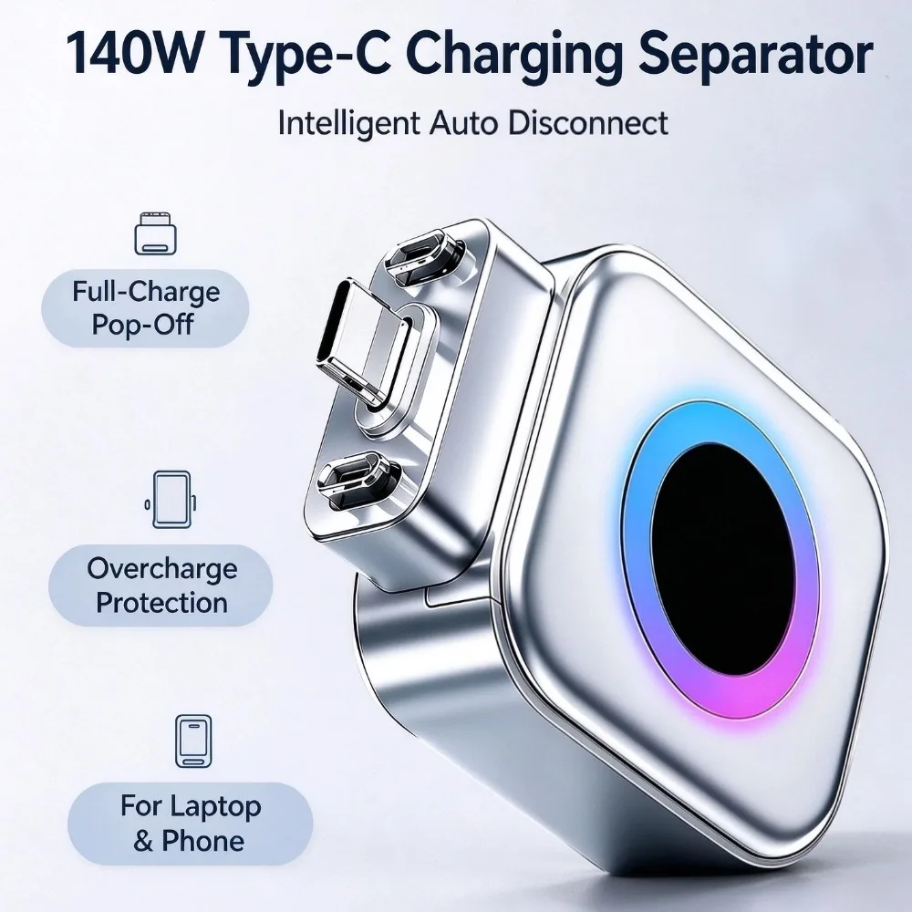 140W Type‑C Charging Separator Intelligent Auto Disconnect Full‑Charge Pop‑Off Adapter Overcharge Protection For Laptop Phone