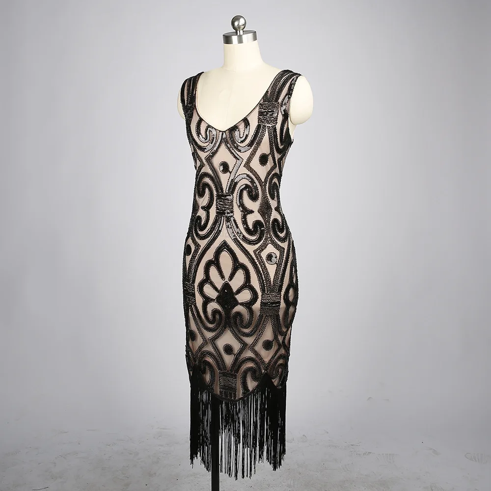 여성용 하이 엔드 술 드레스 빈티지 1920 년대 스팽글 페르시 v 넥 술 패션 댄스 파티 플러스 사이즈 우아한 Bodycon Vestido Dress