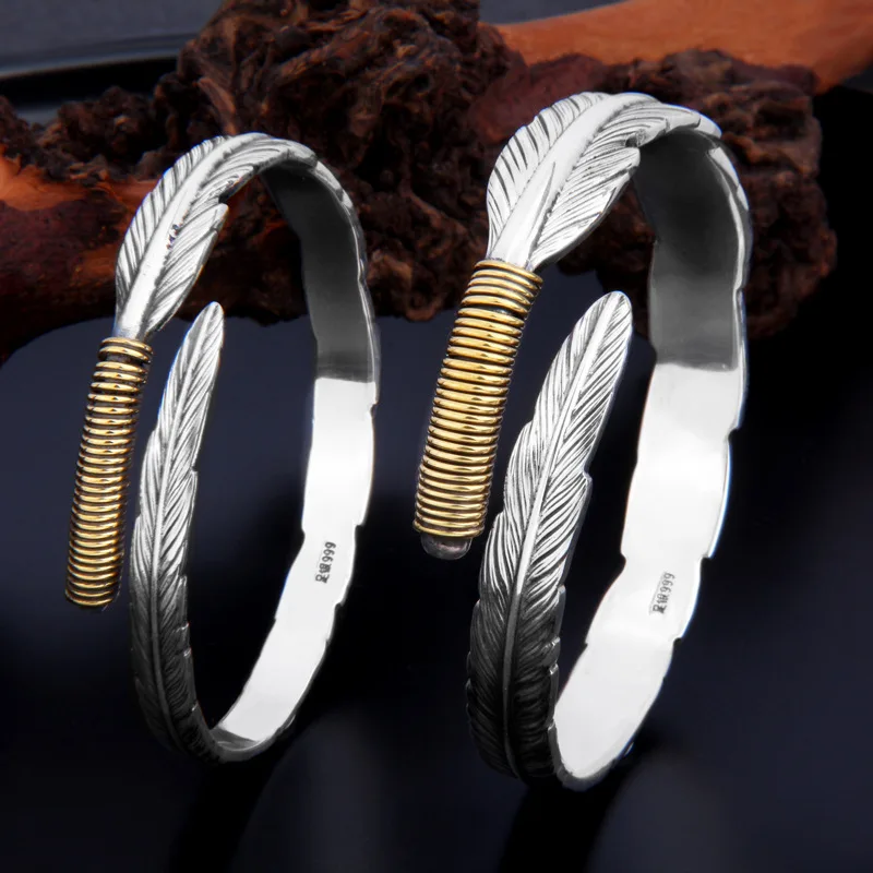 

1Piece Neutral Design Men Women Heavy Silver Feather Bangles 999 Pure Silver Leaf Bangles Unisex Exotic Fashion Couples Jewelry