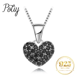 Potiy Heart Natural Black Spinel Pendant Necklace No Chain 925 Sterling Silver for Women Daily Wedding Party Jewelry